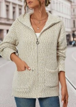 Beige Zipper Long Sleeve Turn Down Collar Coat -Women Clothing Sales Store 340548 P 16943964630452