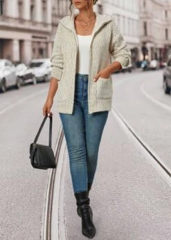 Beige Zipper Long Sleeve Turn Down Collar Coat -Women Clothing Sales Store 340548 P 16943964632444