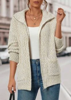 Beige Zipper Long Sleeve Turn Down Collar Coat -Women Clothing Sales Store 340548 P 16943964633463