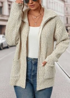 Beige Zipper Long Sleeve Turn Down Collar Coat