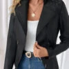 Black Pocket Long Sleeve Lapel Coat