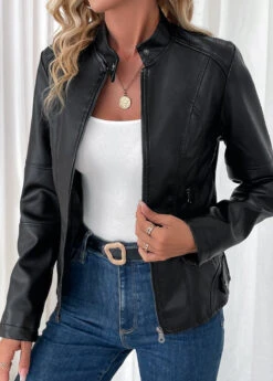 Black Pocket Long Sleeve High Neck Coat -Women Clothing Sales Store 340551 P 16934784588382