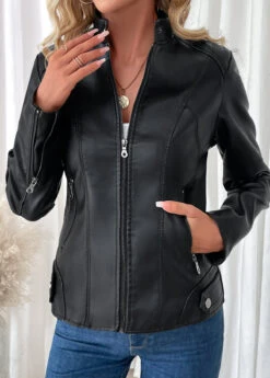 Black Pocket Long Sleeve High Neck Coat