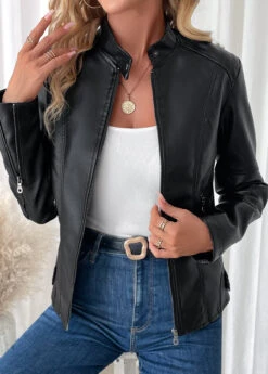 Black Pocket Long Sleeve High Neck Coat -Women Clothing Sales Store 340551 P 16934784599384