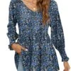 Navy Smocked Ditsy Floral Print Long Sleeve Blouse