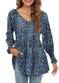 Navy Smocked Ditsy Floral Print Long Sleeve Blouse