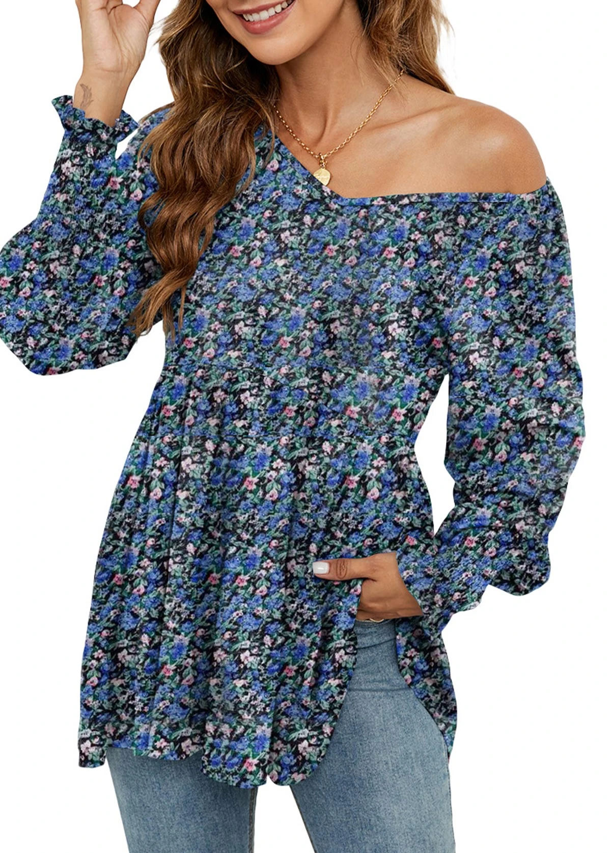 Navy Smocked Ditsy Floral Print Long Sleeve Blouse 3 Navy Smocked Ditsy Floral Print Long Sleeve Blouse - Image 3