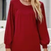 Wine Red Patchwork Long Sleeve Round Neck Blouse