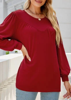Wine Red Patchwork Long Sleeve Round Neck Blouse -Women Clothing Sales Store 340849 P 1692940064102