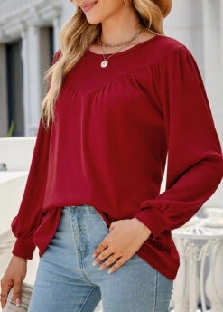 Wine Red Patchwork Long Sleeve Round Neck Blouse -Women Clothing Sales Store 340849 P 1692940064929
