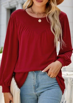 Wine Red Patchwork Long Sleeve Round Neck Blouse -Women Clothing Sales Store 340849 P 1692940065198