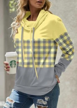 Light Yellow Patchwork Plaid Long Sleeve Sweatshirt