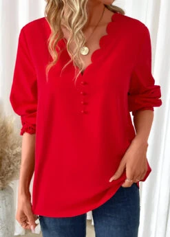 Red Scalloped Hem Long Sleeve V Neck Blouse