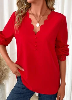 Red Scalloped Hem Long Sleeve V Neck Blouse -Women Clothing Sales Store 340986 P 16934782552464