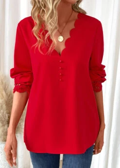 Red Scalloped Hem Long Sleeve V Neck Blouse -Women Clothing Sales Store 340986 P 16934782555553
