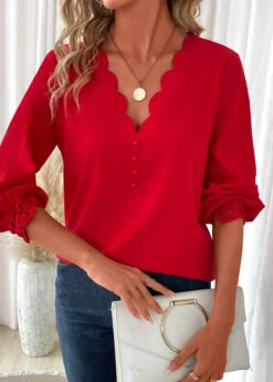 Red Scalloped Hem Long Sleeve V Neck Blouse -Women Clothing Sales Store 340986 P 16934782555995