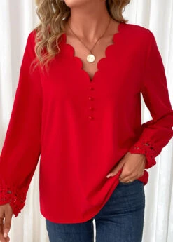 Red Scalloped Hem Long Sleeve V Neck Blouse -Women Clothing Sales Store 340986 P 16934782557242