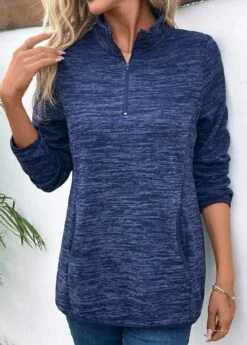 Blue Pocket Long Sleeve High Neck Sweatshirt -Women Clothing Sales Store 341040 P 16933944661195