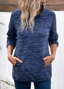 Blue Pocket Long Sleeve High Neck Sweatshirt