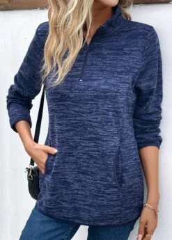 Blue Pocket Long Sleeve High Neck Sweatshirt -Women Clothing Sales Store 341040 P 16933944667584