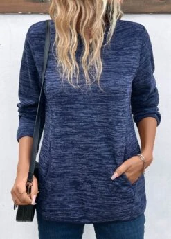 Blue Pocket Long Sleeve High Neck Sweatshirt -Women Clothing Sales Store 341040 P 16933944667663