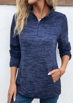 Blue Pocket Long Sleeve High Neck Sweatshirt -Women Clothing Sales Store 341040 P 16933944669052