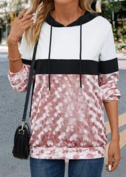 Drawstring Pink Patchwork Long Sleeve Hoodie