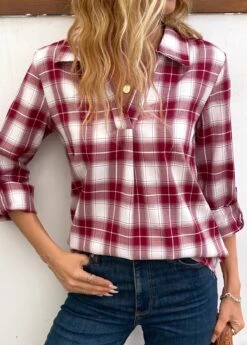 Wine Red Split Plaid Long Sleeve Blouse -Women Clothing Sales Store 341191 P 16956097830394