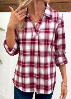 Wine Red Split Plaid Long Sleeve Blouse -Women Clothing Sales Store 341191 P 16956097830803