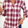 Wine Red Split Plaid Long Sleeve Blouse