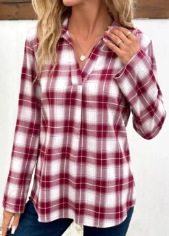 Wine Red Split Plaid Long Sleeve Blouse -Women Clothing Sales Store 341191 P 16956097838272
