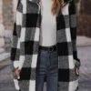 Black Pocket Plaid Long Sleeve Turn Down Collar Coat
