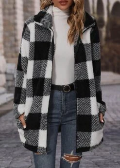 Black Pocket Plaid Long Sleeve Turn Down Collar Coat