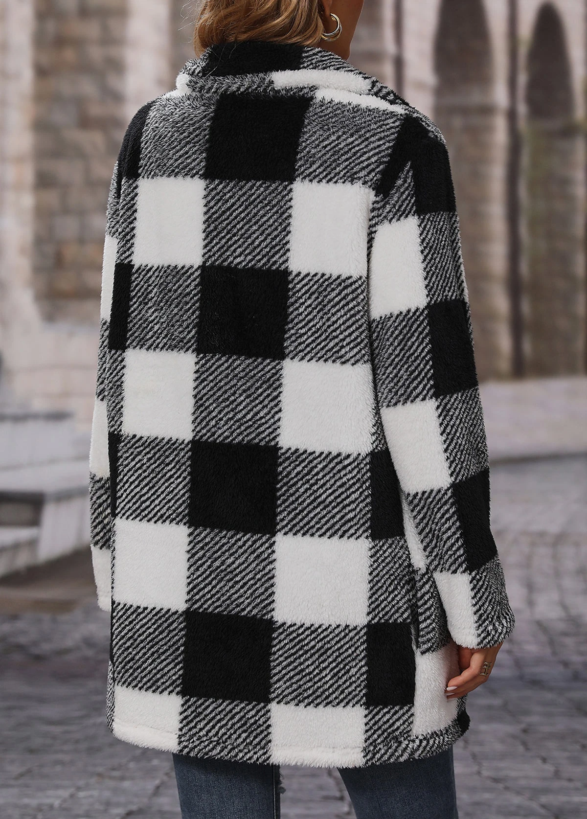 Black Pocket Plaid Long Sleeve Turn Down Collar Coat 2 Black Pocket Plaid Long Sleeve Turn Down Collar Coat - Image 2