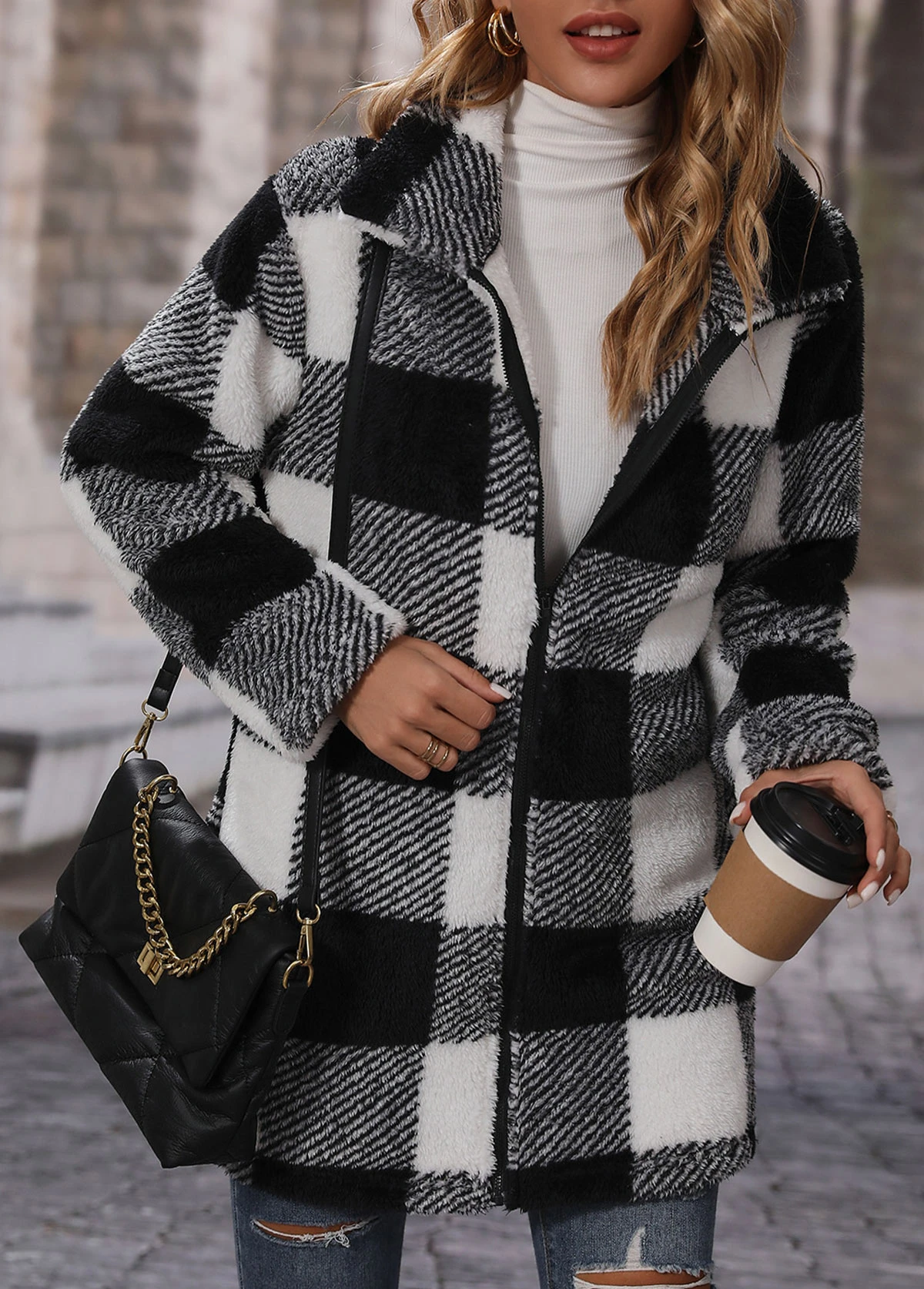 Black Pocket Plaid Long Sleeve Turn Down Collar Coat 4 Black Pocket Plaid Long Sleeve Turn Down Collar Coat - Image 4