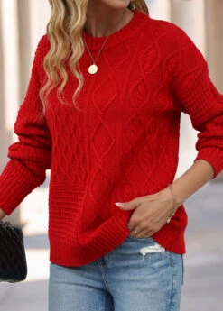 Red Weave Long Sleeve Round Neck Sweater -Women Clothing Sales Store 341450 P 16945160650873