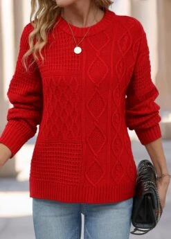 Red Weave Long Sleeve Round Neck Sweater -Women Clothing Sales Store 341450 P 16945160651294