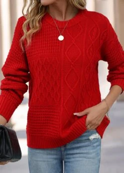 Red Weave Long Sleeve Round Neck Sweater -Women Clothing Sales Store 341450 P 16945160652372