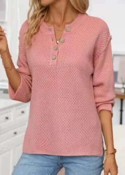 Pink Button Long Sleeve Split Neck Sweater