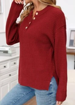 Wine Red Button Long Sleeve Split Neck Sweater -Women Clothing Sales Store 341462 P 16946031277942