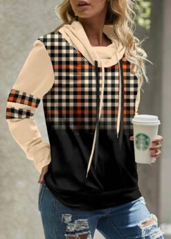 Light Coffee Patchwork Plaid Long Sleeve Sweatshirt -Women Clothing Sales Store 341510 P 1693292008334