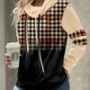 Light Coffee Patchwork Plaid Long Sleeve Sweatshirt
