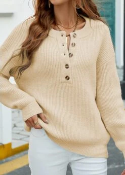 Light Camel Button Long Sleeve Split Neck Sweater