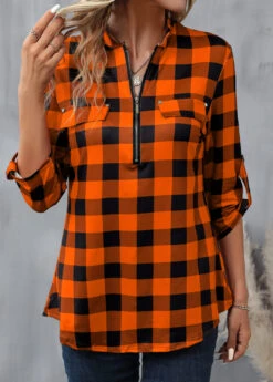 Orange Zipper Plaid Long Sleeve High Neck Blouse
