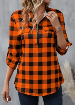 Orange Zipper Plaid Long Sleeve High Neck Blouse -Women Clothing Sales Store 341573 P 16933596192533