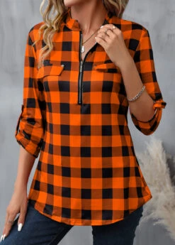 Orange Zipper Plaid Long Sleeve High Neck Blouse -Women Clothing Sales Store 341573 P 16933596198772