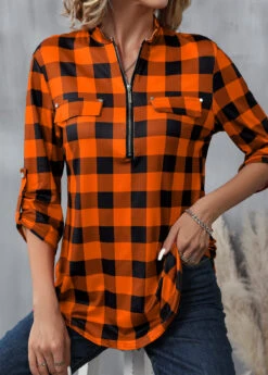 Orange Zipper Plaid Long Sleeve High Neck Blouse -Women Clothing Sales Store 341573 P 16933596208795