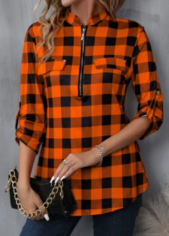 Orange Zipper Plaid Long Sleeve High Neck Blouse -Women Clothing Sales Store 341573 P 16933596209324