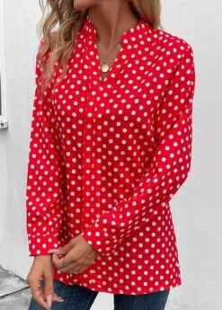 Red Split Polka Dot Long Sleeve Blouse -Women Clothing Sales Store 341612 P 16952121141172