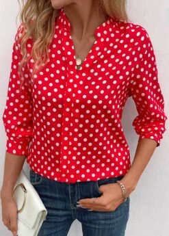 Red Split Polka Dot Long Sleeve Blouse -Women Clothing Sales Store 341612 P 16952121145340